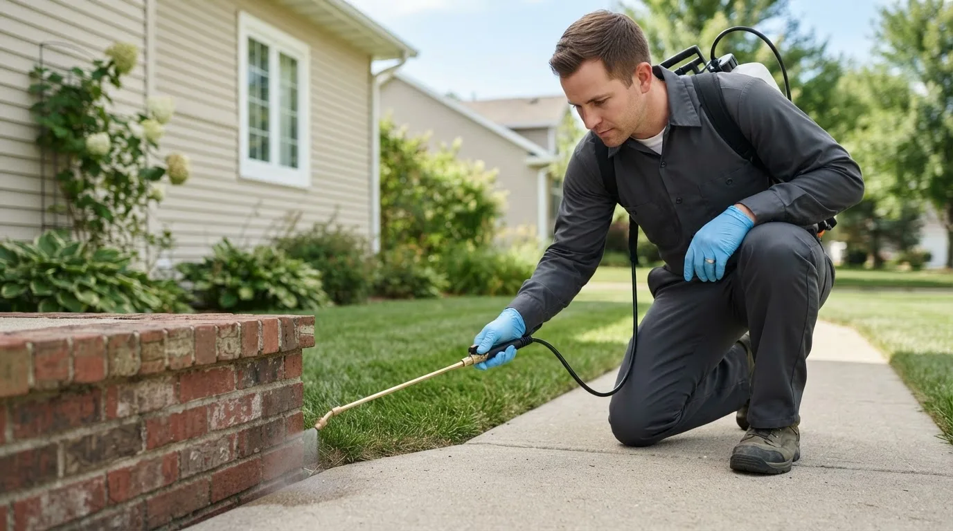 Pest control technician treating a home near Chidester, AR